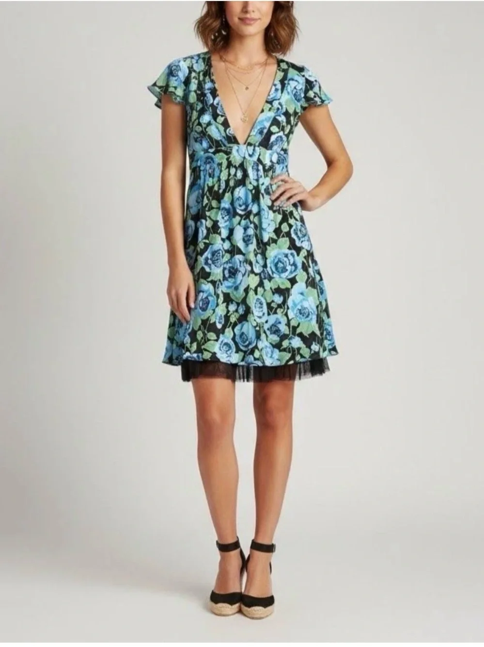 Free People Size 0 Blue Floral Silk Flutter Sleeve V-Neck Coquette Mini Dress